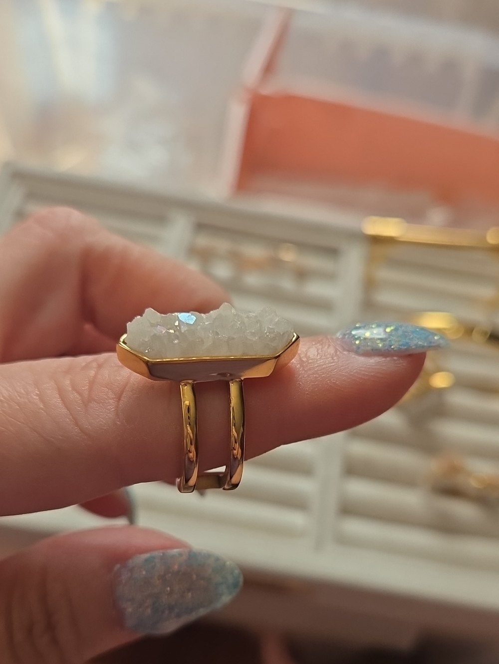 Kinsley Armelle Gold-Plated White Druzy Double-Band Ring